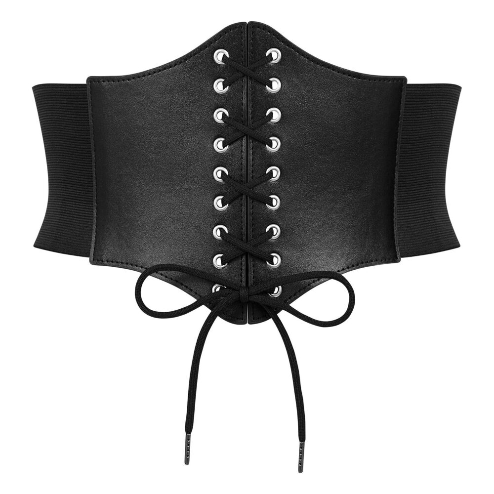 9728 Women Elastic Wide Corset Waist Belt Vintage Lace-up Tied Waspie